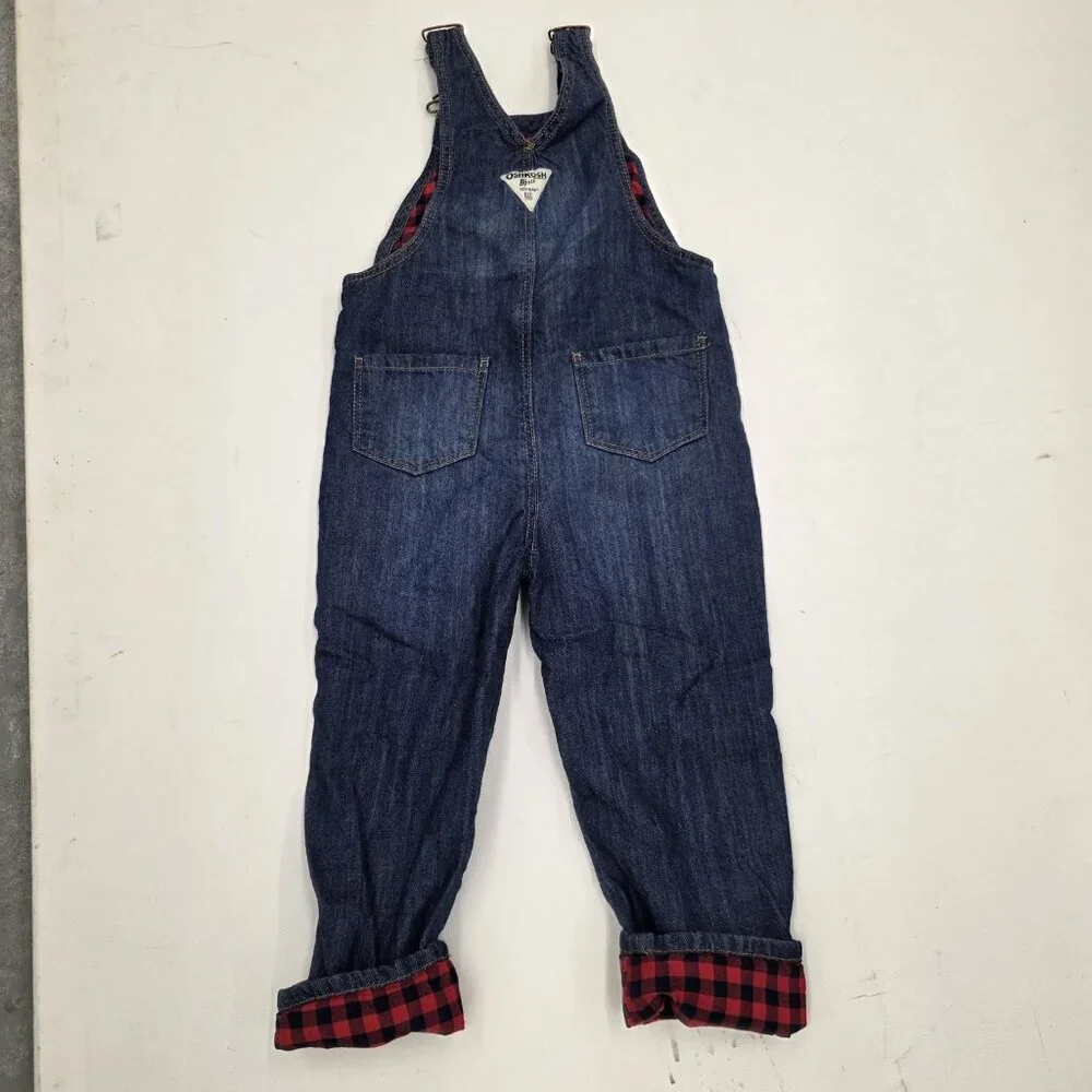 OshKosh Girls Blue Jean Denim Heart Buffalo Lined Cuff Overalls 4T